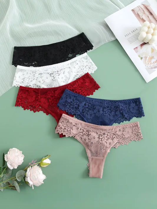 5-pcs Pack Low-Rise V-String Panties (Black/Red/Blue/Brown/Beige) with Contrast Lace Trim