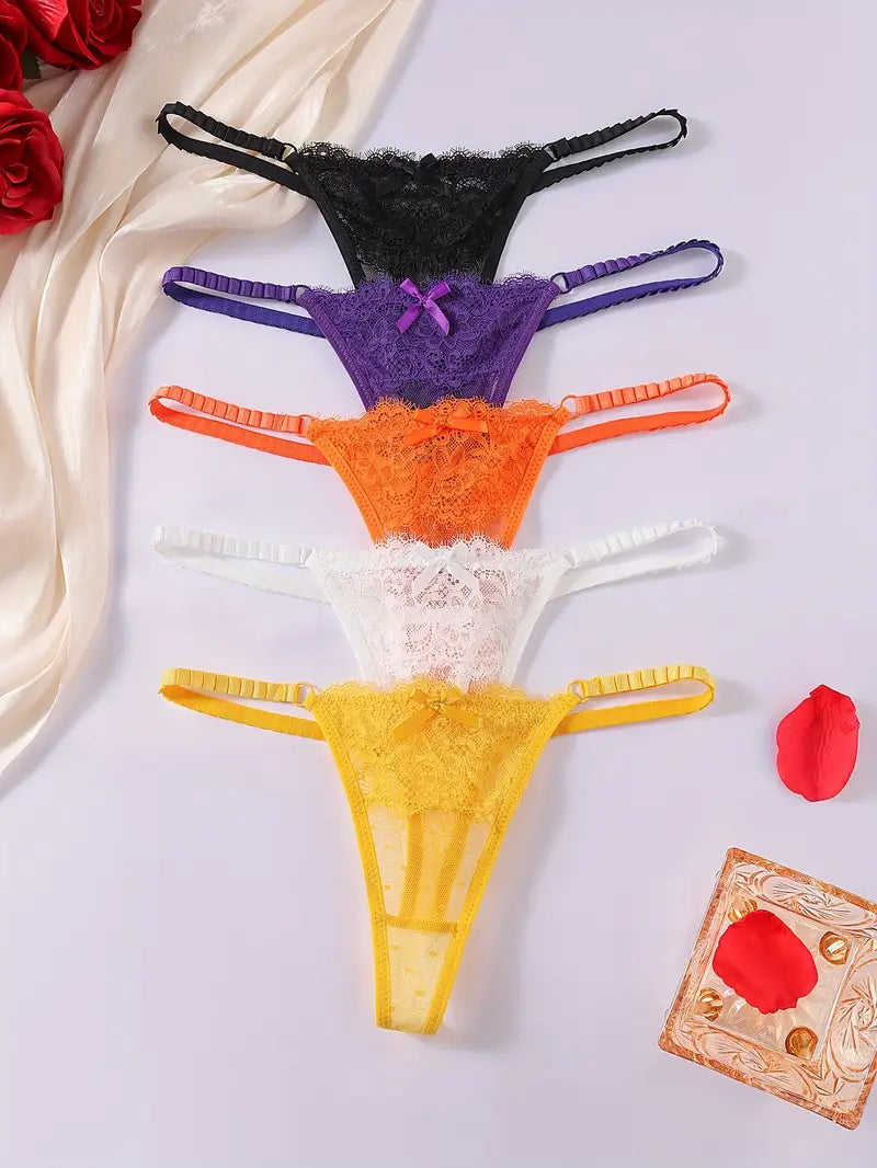 5-pcs Pack Comfortable & Seamless Lace Thongs  5 Solid Colors (Black, White, Yellow, Orange, Purple)
