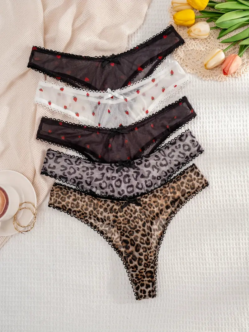 5-pcs Pack Soft Thong Panties Underwear with Strawberry Heart Leopard Print