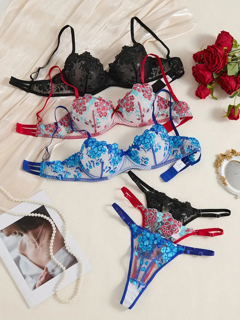 3 Sets Sexy Intimates Bra & Thong Red Black Blue