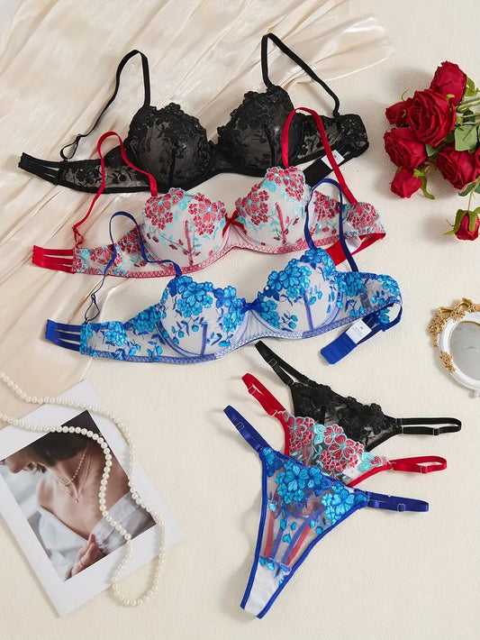 3 Sets Sexy Intimates Bra & Thong Red Black Blue