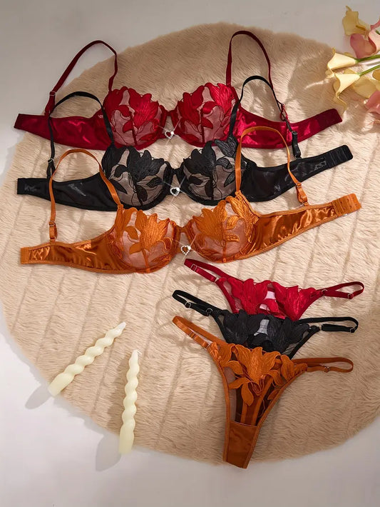3 Sets Floral  Lingerie Set(Black, Wine Red, Golden)