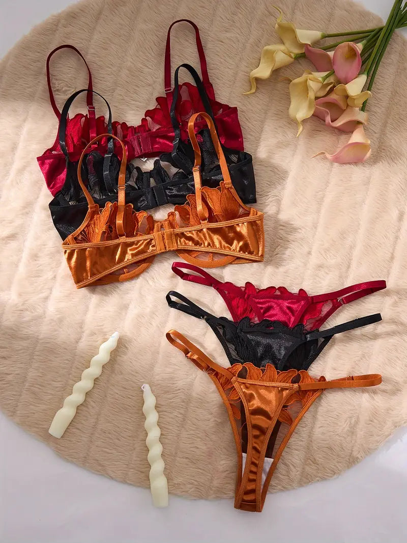 3 Sets Floral  Lingerie Set(Black, Wine Red, Golden)