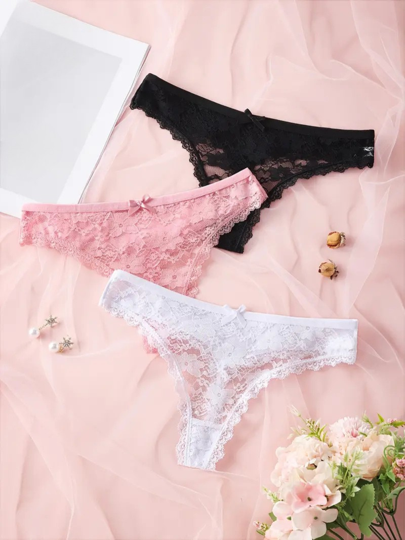3-pcs Pack Breathable Soft Panties Strings with Bow & Ruffled Edges, (Black, Pink, White)