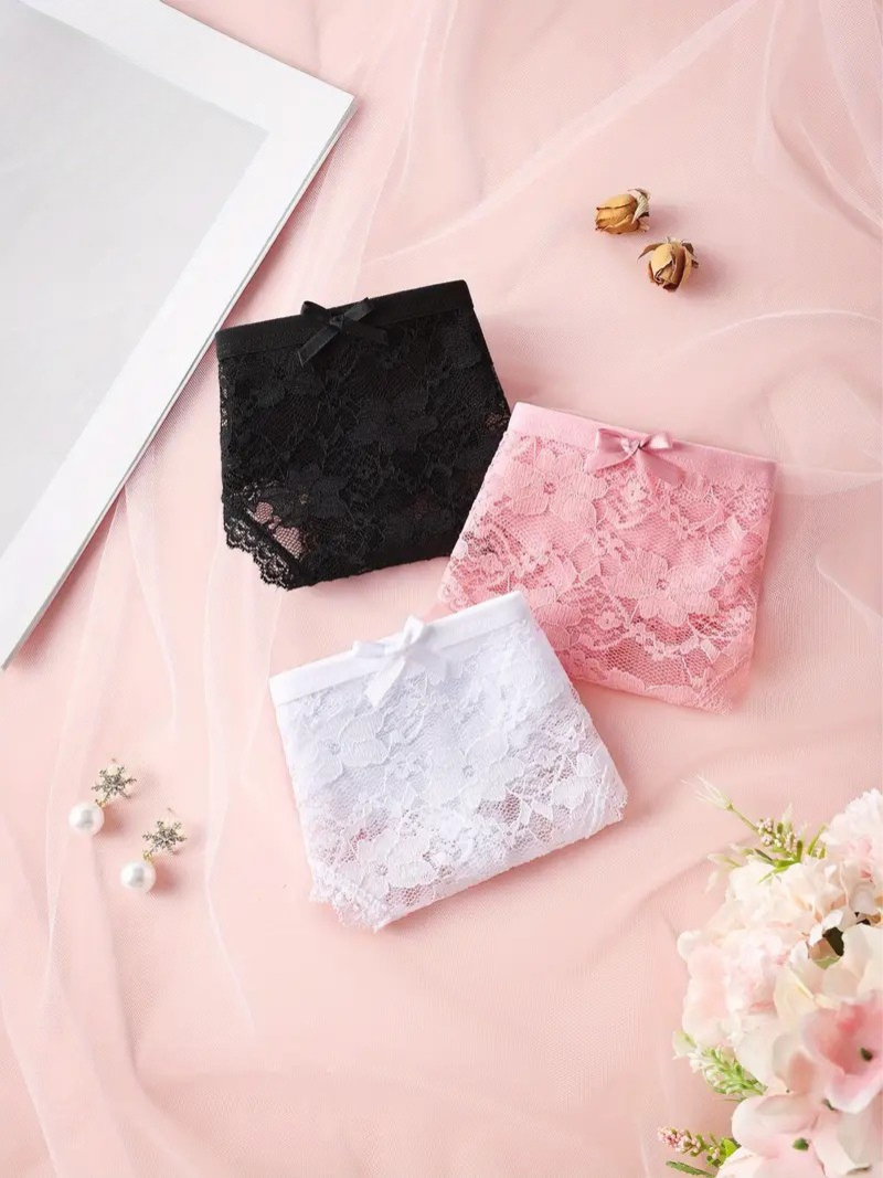 3-pcs Pack Breathable Soft Panties Strings with Bow & Ruffled Edges, (Black, Pink, White)