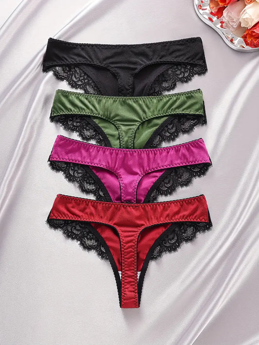 4-pcs Pack Bowknot Lace-Trimmed Comfortable Seamless Thongs Panties