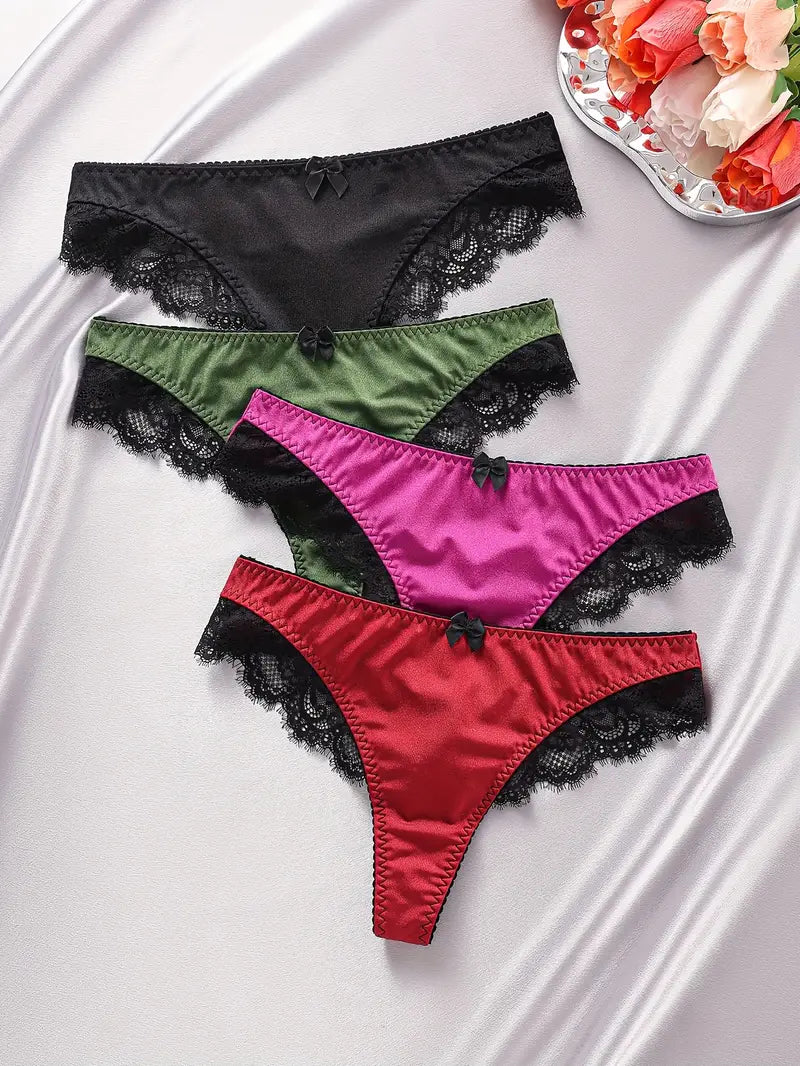 4-pcs Pack Bowknot Lace-Trimmed Comfortable Seamless Thongs Panties