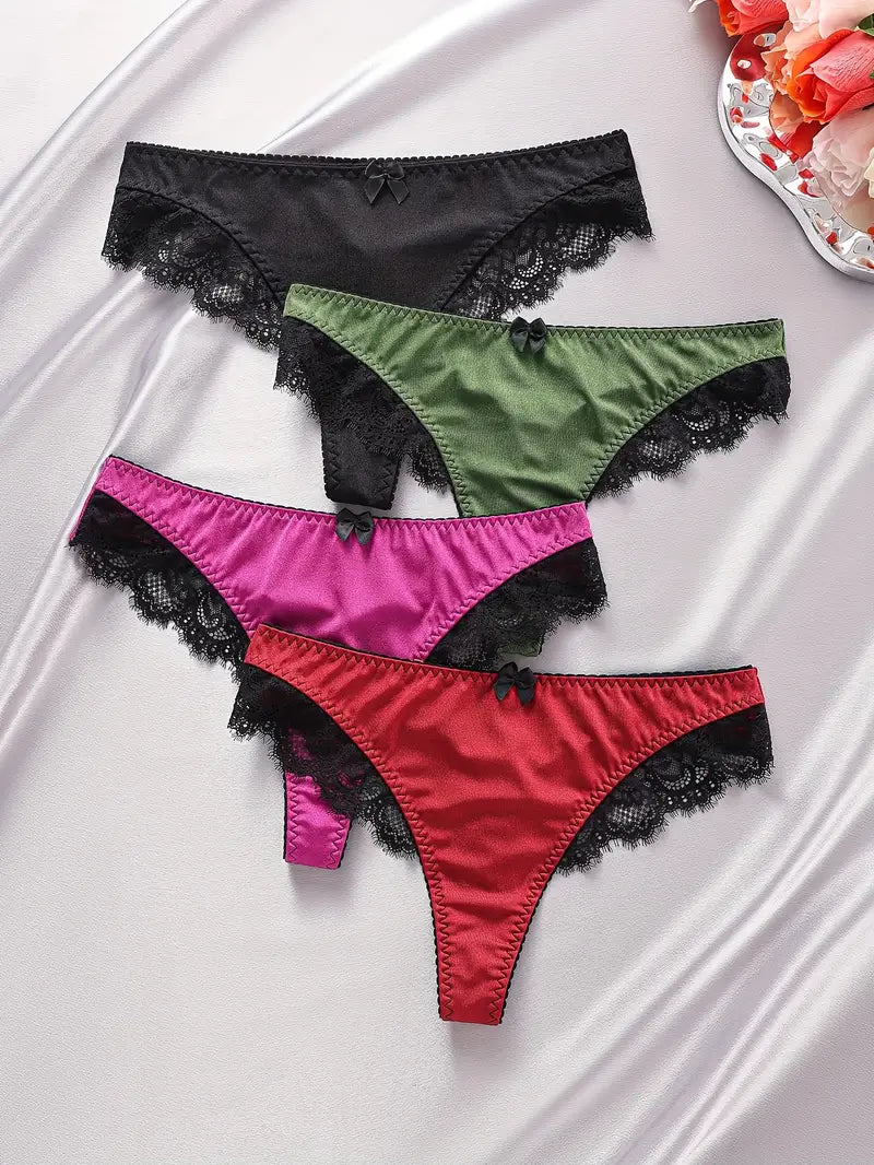 4-pcs Pack Bowknot Lace-Trimmed Comfortable Seamless Thongs Panties