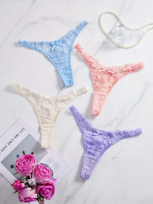 4-pcs Pack Solid Floral Lace Thongs Mixed 4 Colors