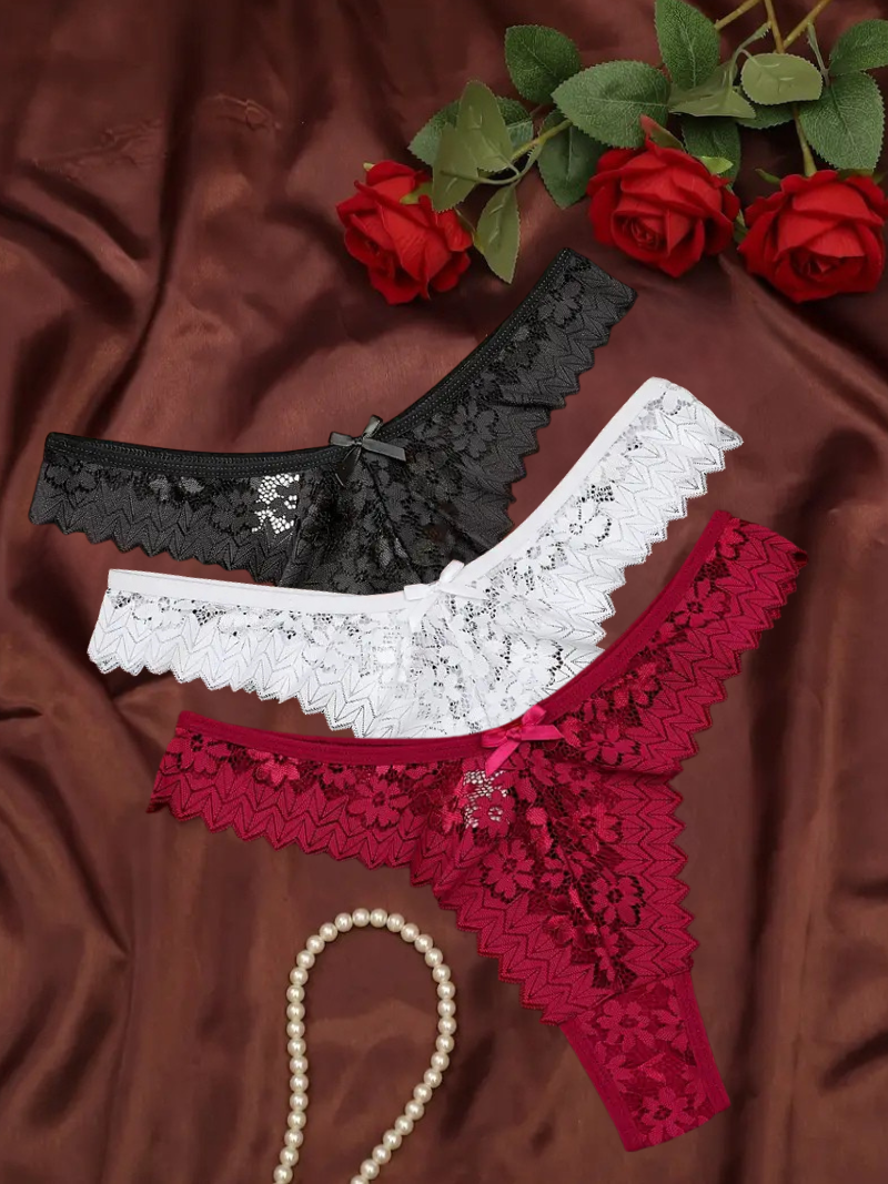 3-pcs Pack Comfortable V-STRING Panties Lace Thongs (different variations of colors)