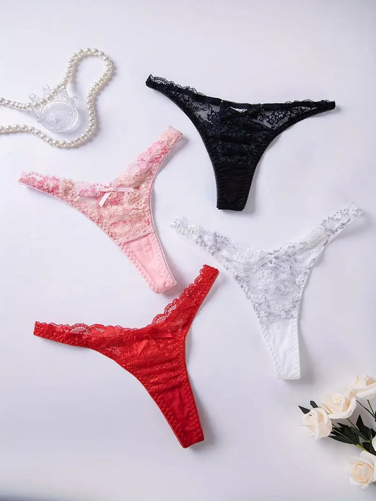 4-pcs Pack Solid Floral Lace Thongs Mixed  4 Colors
