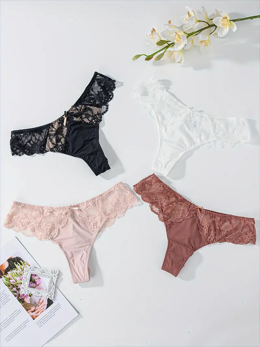 5-pcs Breathable Pack Lace-Trimmed Thongs Semi-Sheer Panties  with Floral