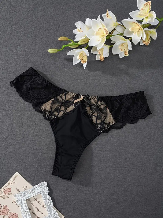 5-pcs Breathable Pack Lace-Trimmed Thongs Semi-Sheer Panties  with Floral