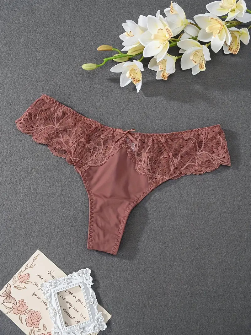 5-pcs Breathable Pack Lace-Trimmed Thongs Semi-Sheer Panties  with Floral
