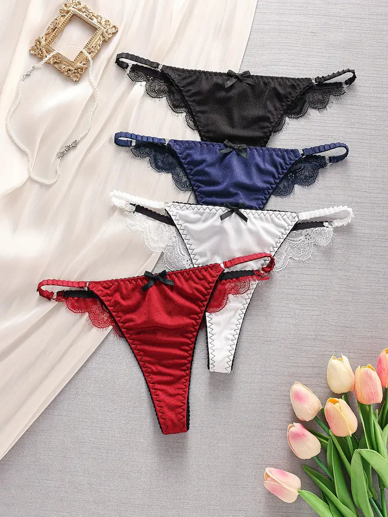 4-pcs Pack Elegant Seamless Thong Panties Lace Thongs(Black, Navy Blue, White and Red)