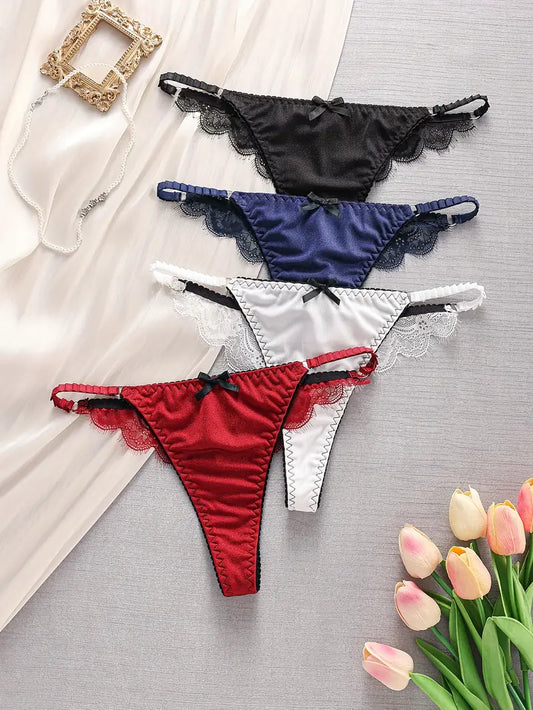 4-pcs Pack Elegant Seamless Thong Panties Lace Thongs(Black, Navy Blue, White and Red)