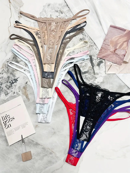 12-pcs Pack Comfortable Lace  Mid-Rise Thong Panties Strings Floral Multicolor