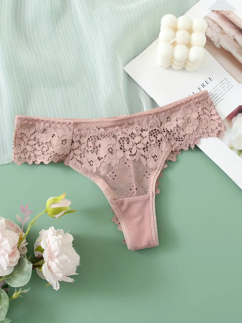 5-pcs Pack Low-Rise V-String Panties (Black/Red/Blue/Brown/Beige) with Contrast Lace Trim