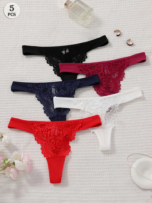 5-pcs Comfortable Soft Pack Lace Thongs 5 Colors