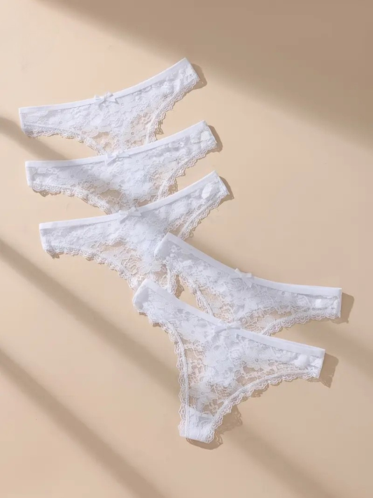 5-pcs Pack Simple White Lace Comfortable Panties Thongs