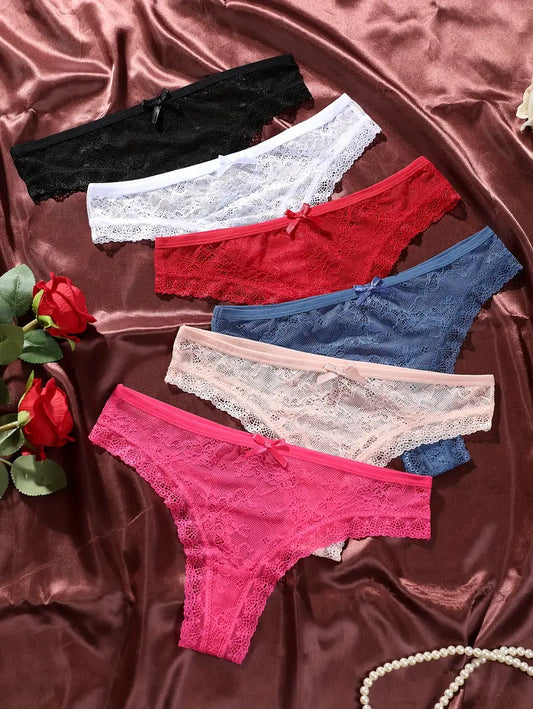 6-pcs Pack Comfortable  Lace Thongs 6 Colors(Black, White, Red, Blue, Pink and Peach)