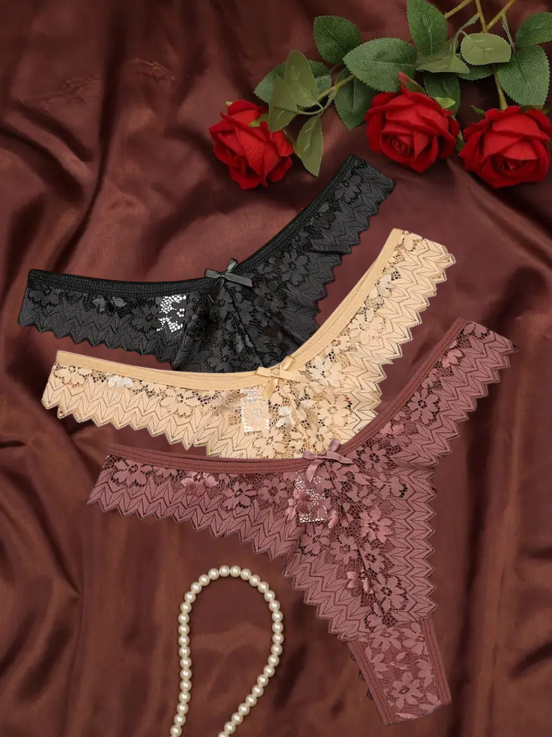 3-pcs Pack Comfortable V-STRING Panties Lace Thongs (different variations of colors)