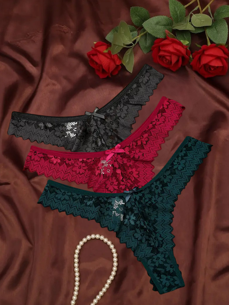 3-pcs Pack Comfortable V-STRING Panties Lace Thongs (different variations of colors)