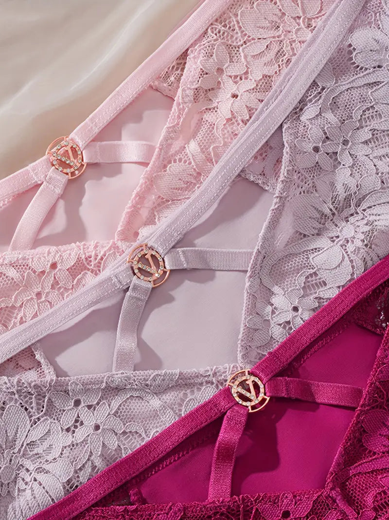 6-pcs Pack Lace Thongs 6cs (Black/White/Pink/Beige/Red/Purple) Sexy & Soft Breathable Underwear with Contrast Lace Trim