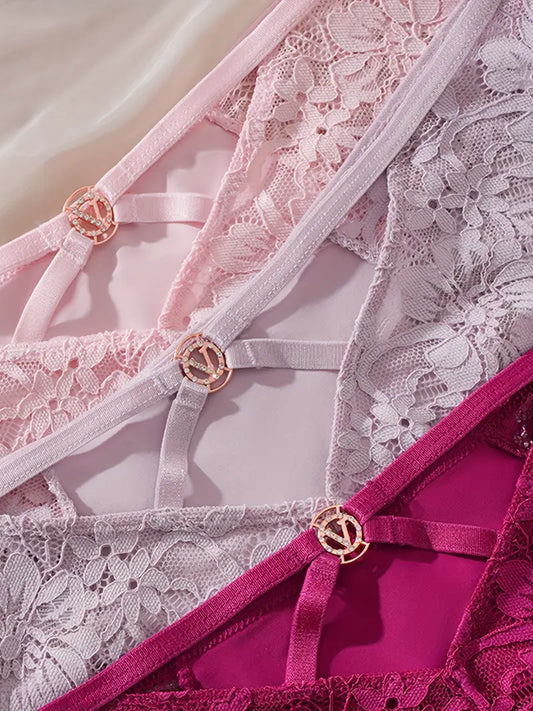 6-pcs Pack Lace Thongs 6cs (Black/White/Pink/Beige/Red/Purple) Sexy & Soft Breathable Underwear with Contrast Lace Trim