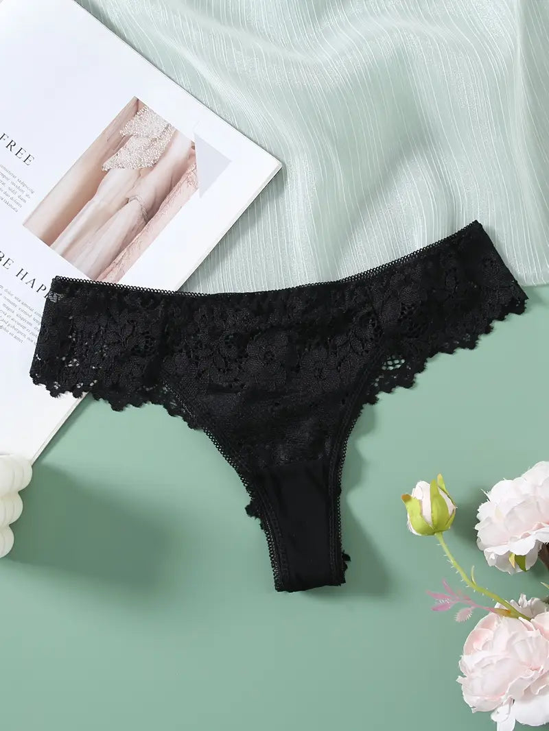 5-pcs Pack Low-Rise V-String Panties (Black/Red/Blue/Brown/Beige) with Contrast Lace Trim