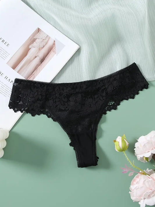 5-pcs Pack Low-Rise V-String Panties (Black/Red/Blue/Brown/Beige) with Contrast Lace Trim