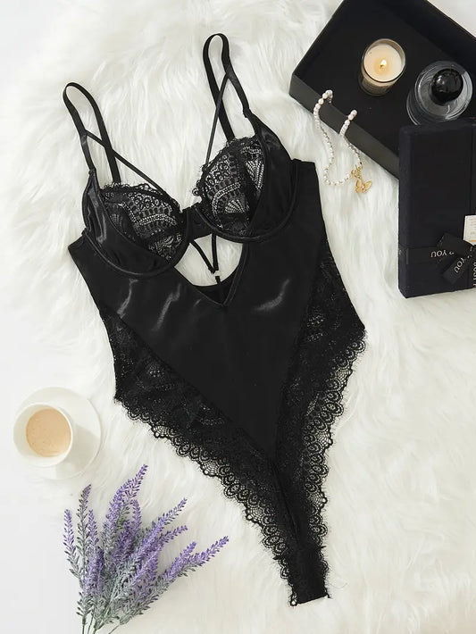 Black French-Inspired Lace Bodysuit