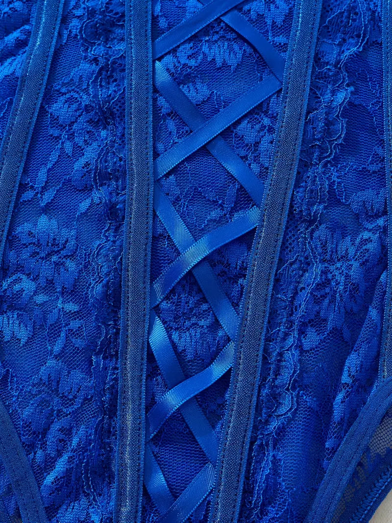 Elegant Blue Lace Bodysuit with Matching Corset Style Bodysuit