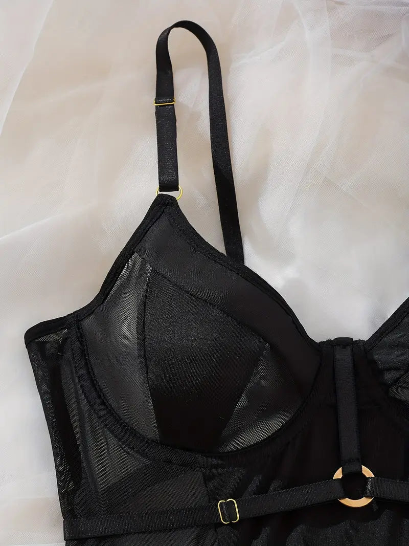 Black Mesh Bodysuit with Golden Accents - Sheer Lingerie Outfit with Adjustable Straps