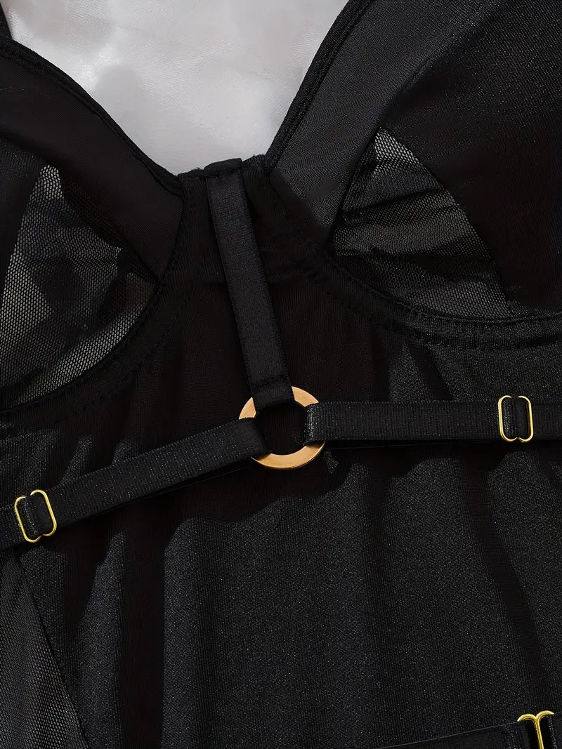 Black Mesh Bodysuit with Golden Accents - Sheer Lingerie Outfit with Adjustable Straps