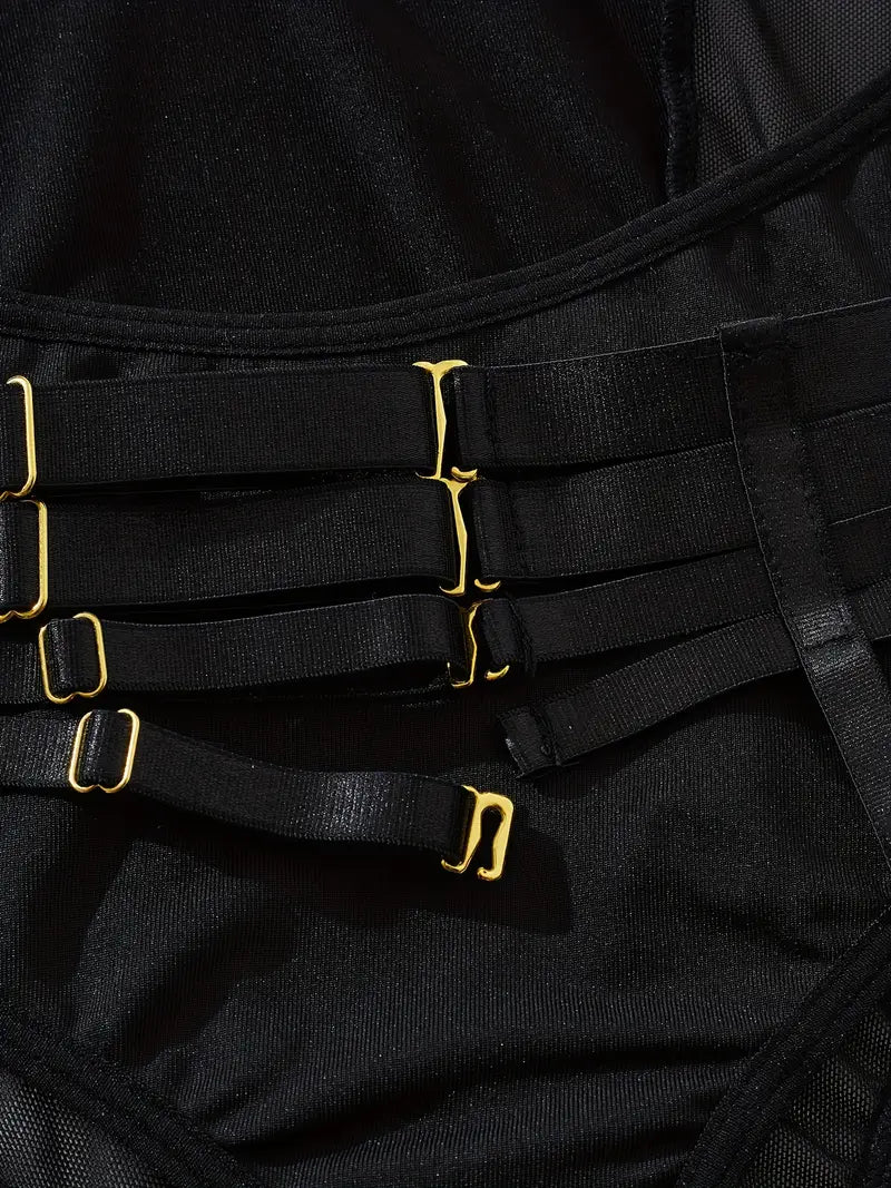 Black Mesh Bodysuit with Golden Accents - Sheer Lingerie Outfit with Adjustable Straps