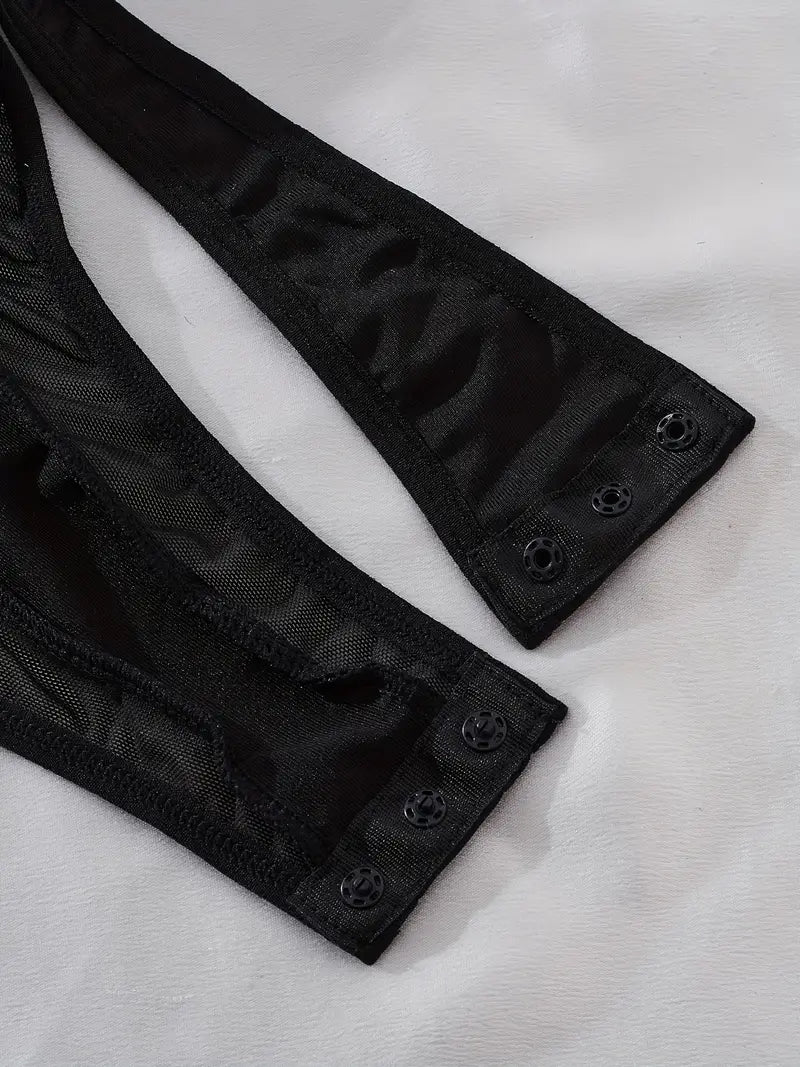 Black Mesh Bodysuit with Golden Accents - Sheer Lingerie Outfit with Adjustable Straps