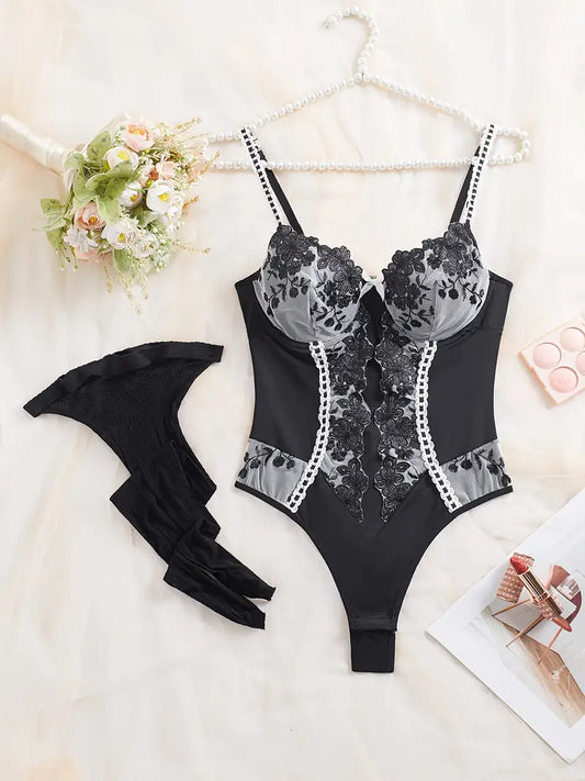 Black Elegant Bodysuit Floral pattern