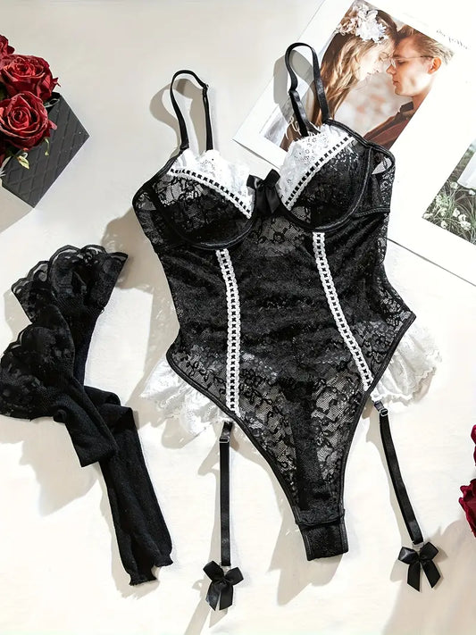 Elegant  Black Lace Sexy Bodysuit with Matching