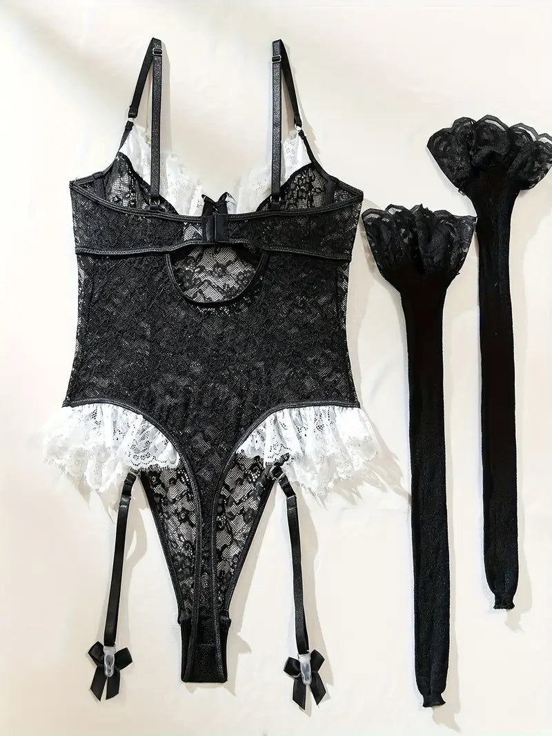 Elegant  Black Lace Sexy Bodysuit with Matching