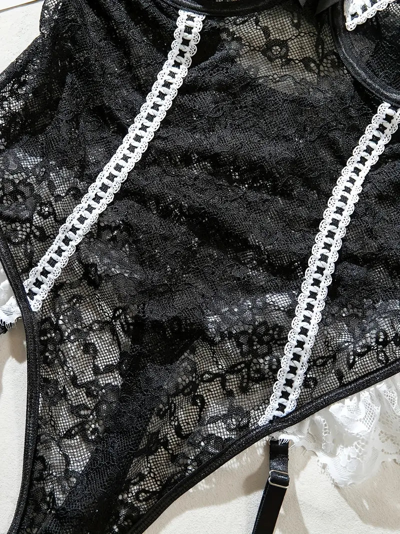 Elegant  Black Lace Sexy Bodysuit with Matching
