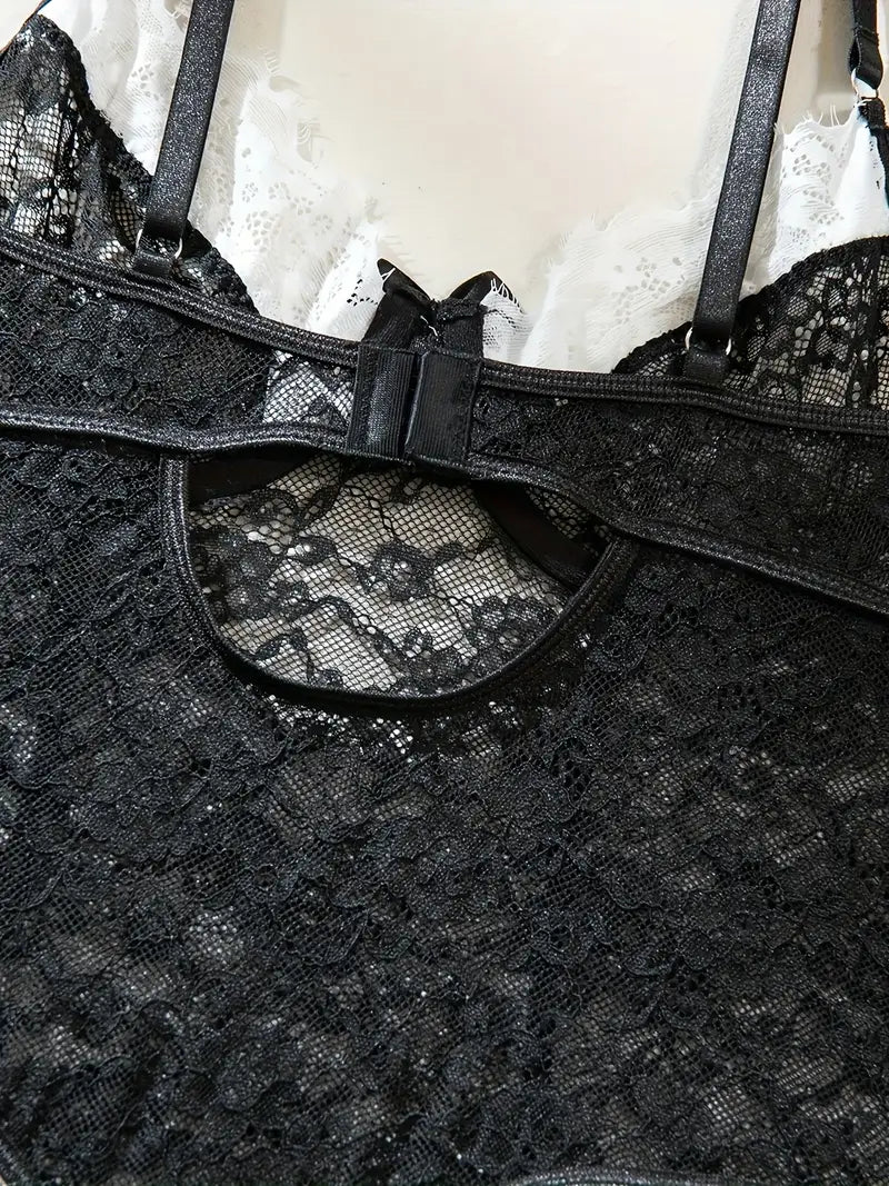 Elegant  Black Lace Sexy Bodysuit with Matching