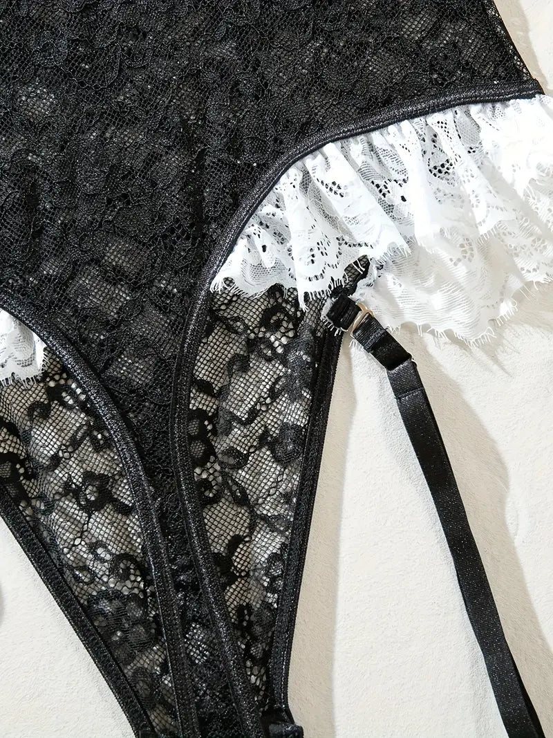 Elegant  Black Lace Sexy Bodysuit with Matching