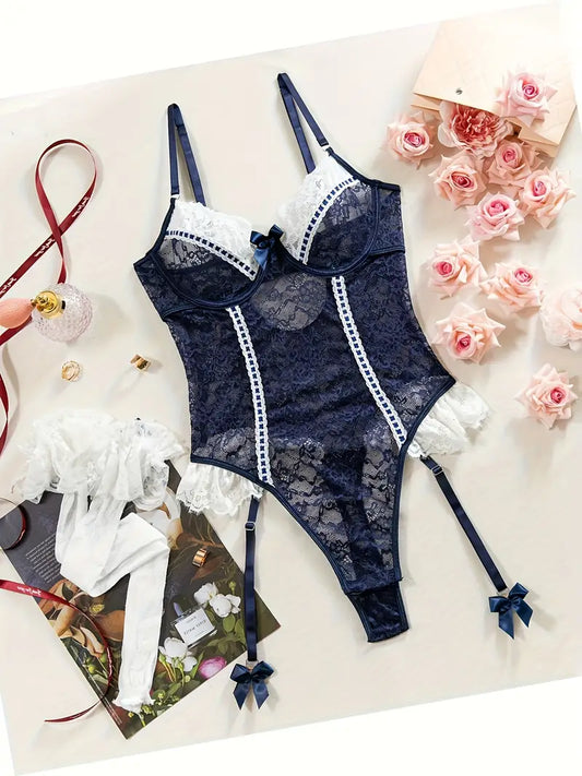 Elegant  Navy Blue Lace Sexy Bodysuit with Matching