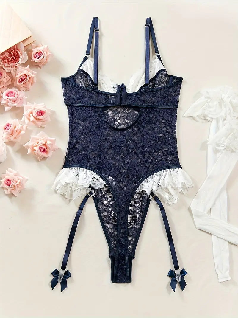 Elegant  Navy Blue Lace Sexy Bodysuit with Matching