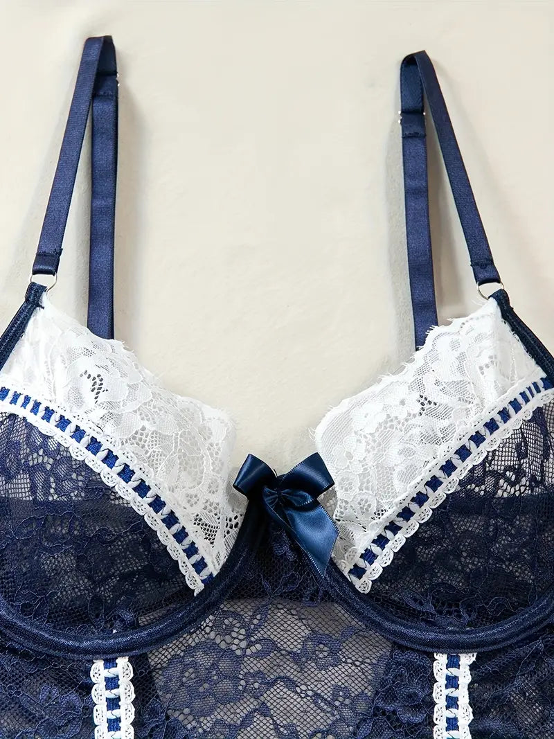 Elegant  Navy Blue Lace Sexy Bodysuit with Matching