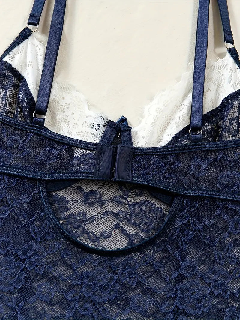 Elegant  Navy Blue Lace Sexy Bodysuit with Matching