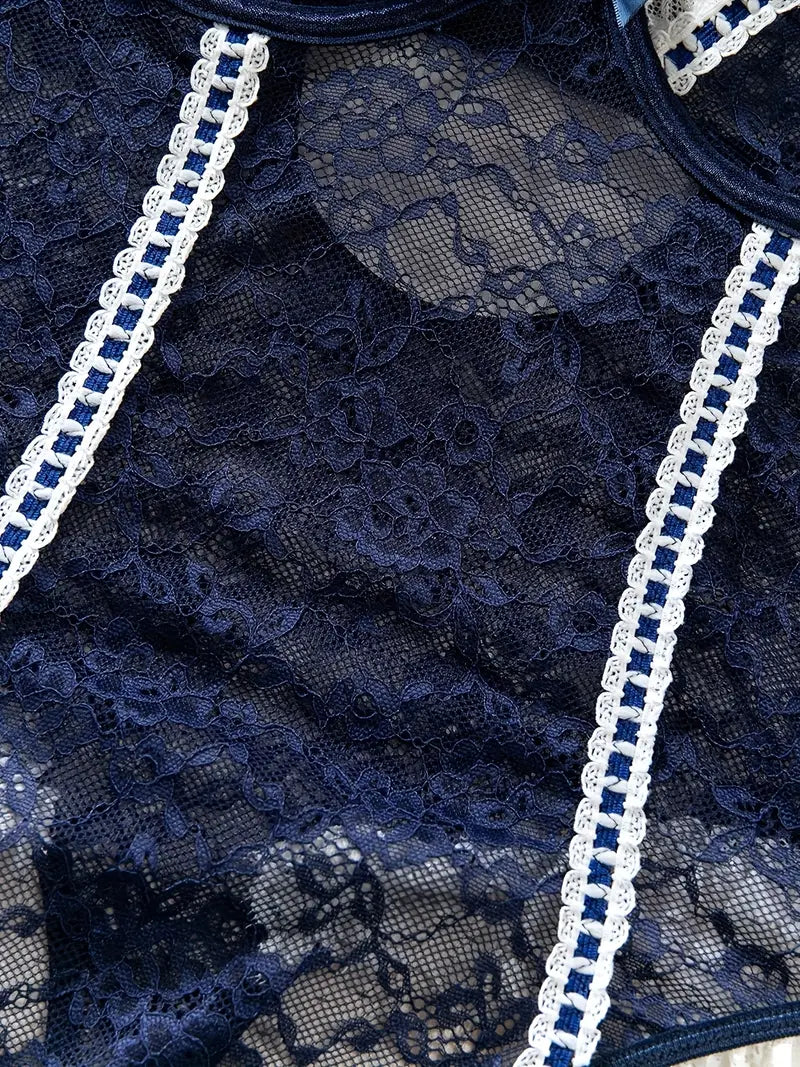 Elegant  Navy Blue Lace Sexy Bodysuit with Matching