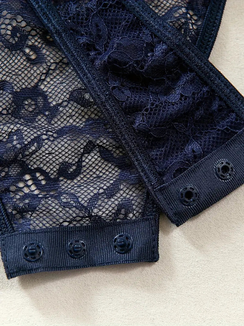 Elegant  Navy Blue Lace Sexy Bodysuit with Matching