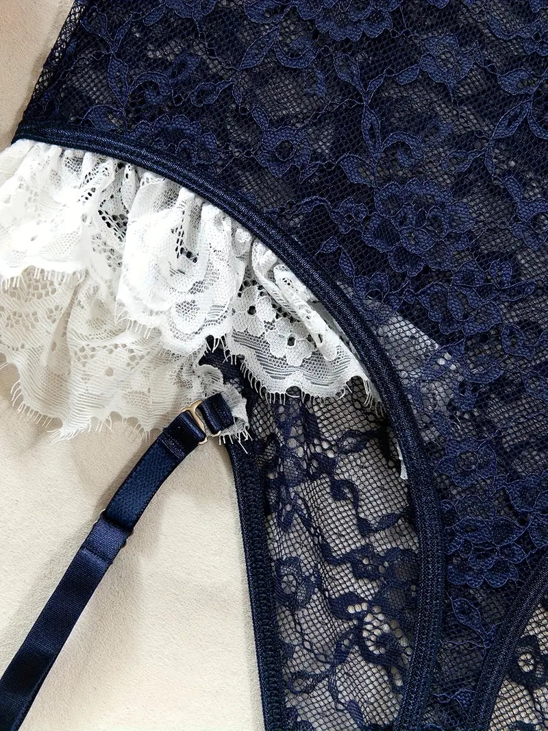 Elegant  Navy Blue Lace Sexy Bodysuit with Matching